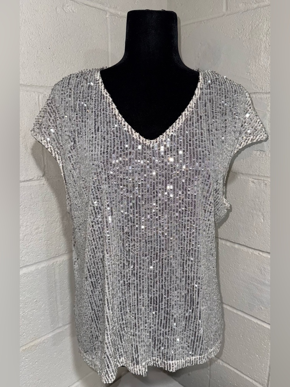 CeCe Silver Neutral Shimmer Sequin V-Neck Top Large L